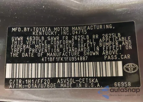 2015 Toyota Camry Le/Se/Xle/Xse из США, поврежденный, VIN 4T1BF1FK1FU954887